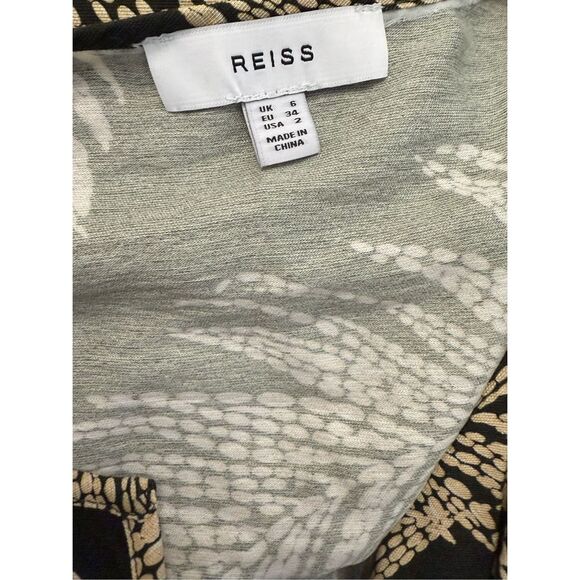 Reiss Colby Khaki Green Tan Tropical Palm Print Smocked Waist Midi Dress 2 - Picture 5 of 7